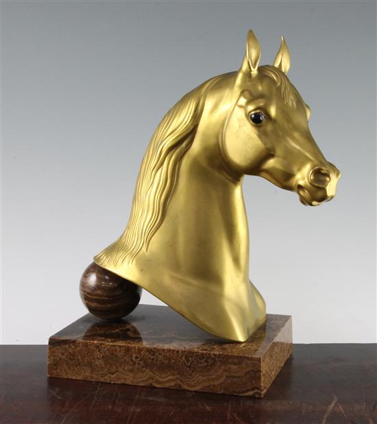 Herbert Heseltine (American, 1877-1962). A gilt bronze horse head, Naziri, 13.5in. incl. brown jasper plinth